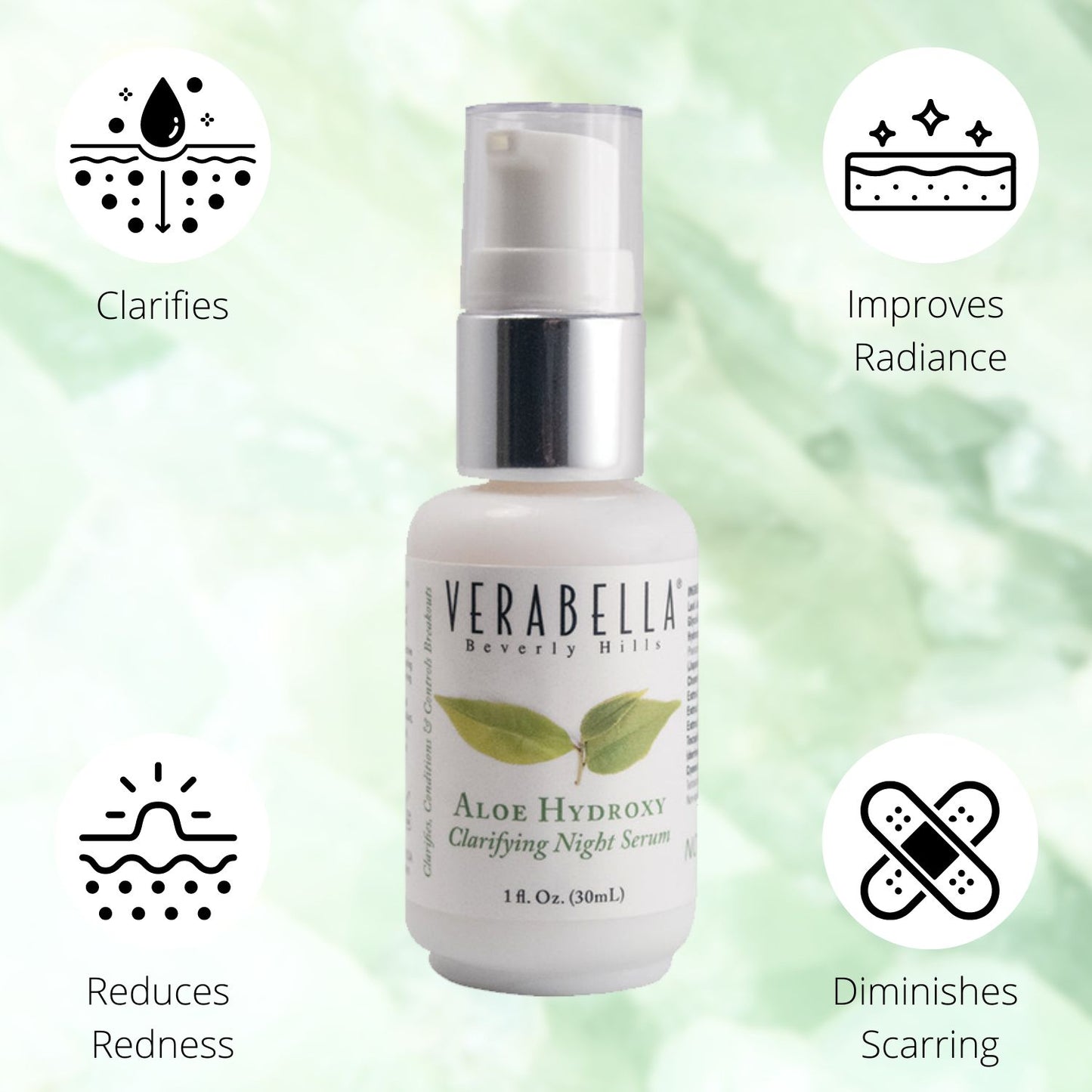 Verabella Aloe Hydroxy Clarifying Night Serum clarifies, improves radiance, and diminishes scarring