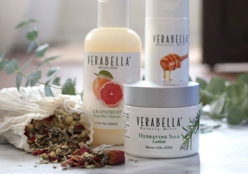 Verabella Hydrating Silk, Grapefruit Cleanser, and Honey Almond with herbs