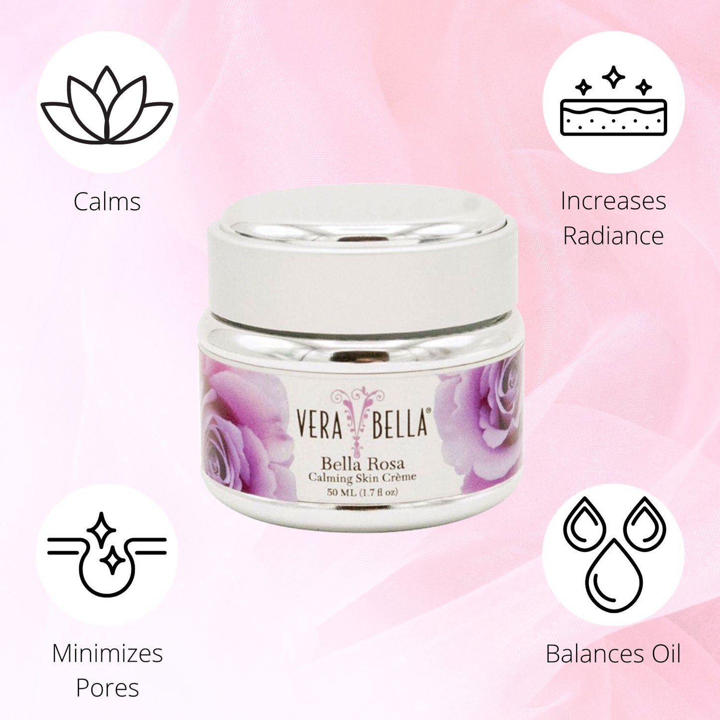 Verabella Bella Rosa Calming Skin Creme minimizes pores and balances oil