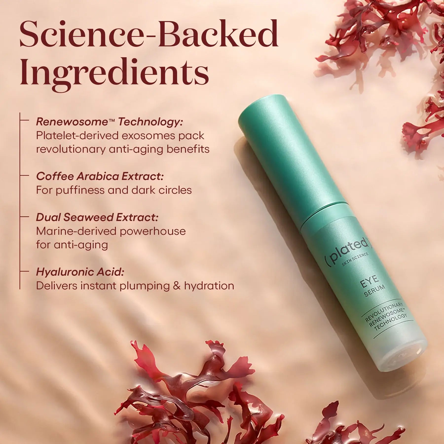 Plated Eye Serum contains Exosomes, Coffee, Seaweed, and Hyaluronic Acid