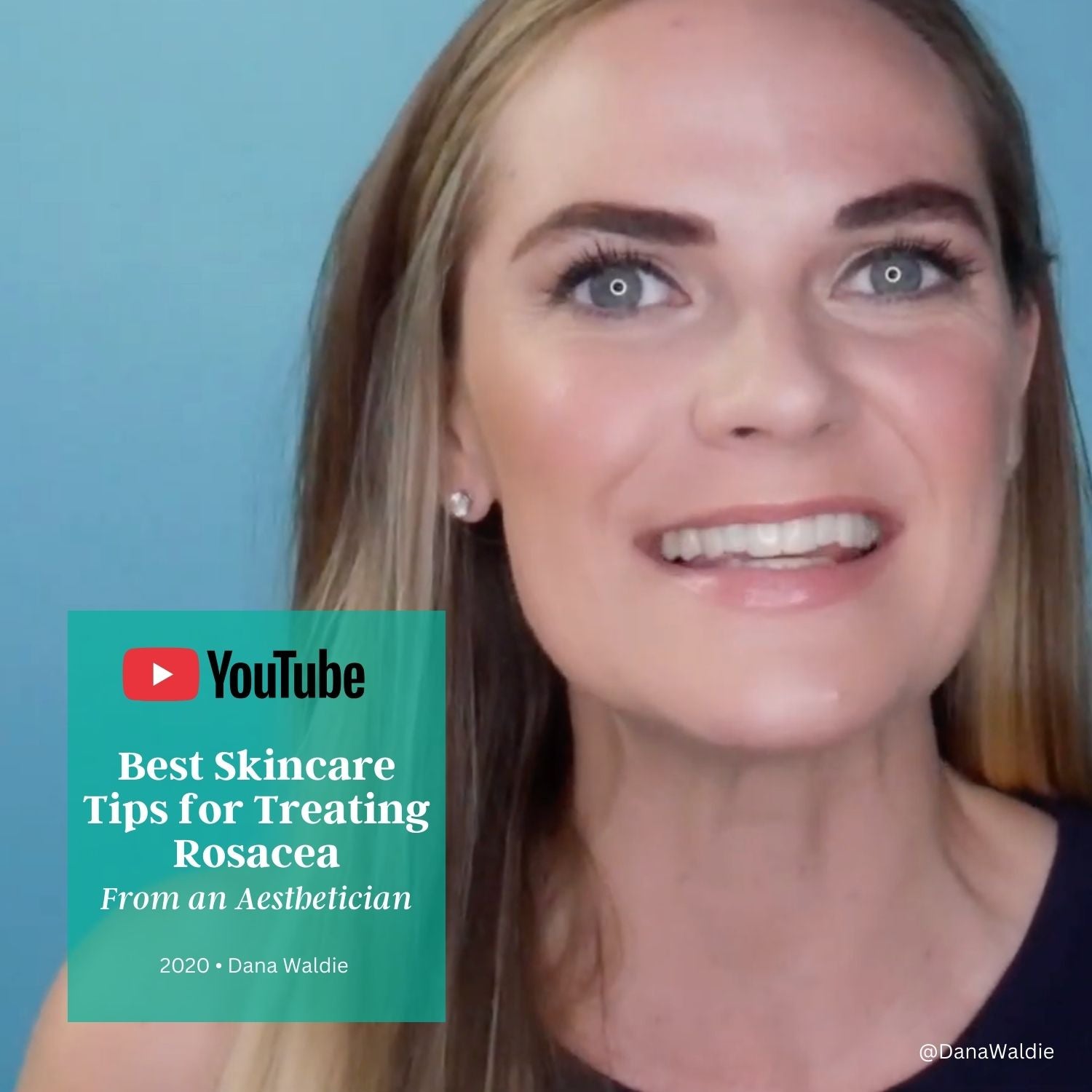 Woman with blonde hair and blue eyes against a blue background, with YouTube logo and text overlay.