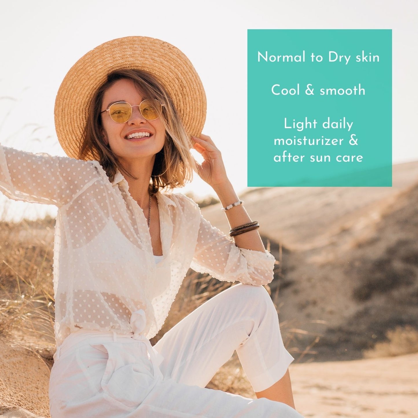 Woman in a straw hat and white outfit sitting on sand with text about VERABELLA Aloe Azulene Soothing Hydro Gel