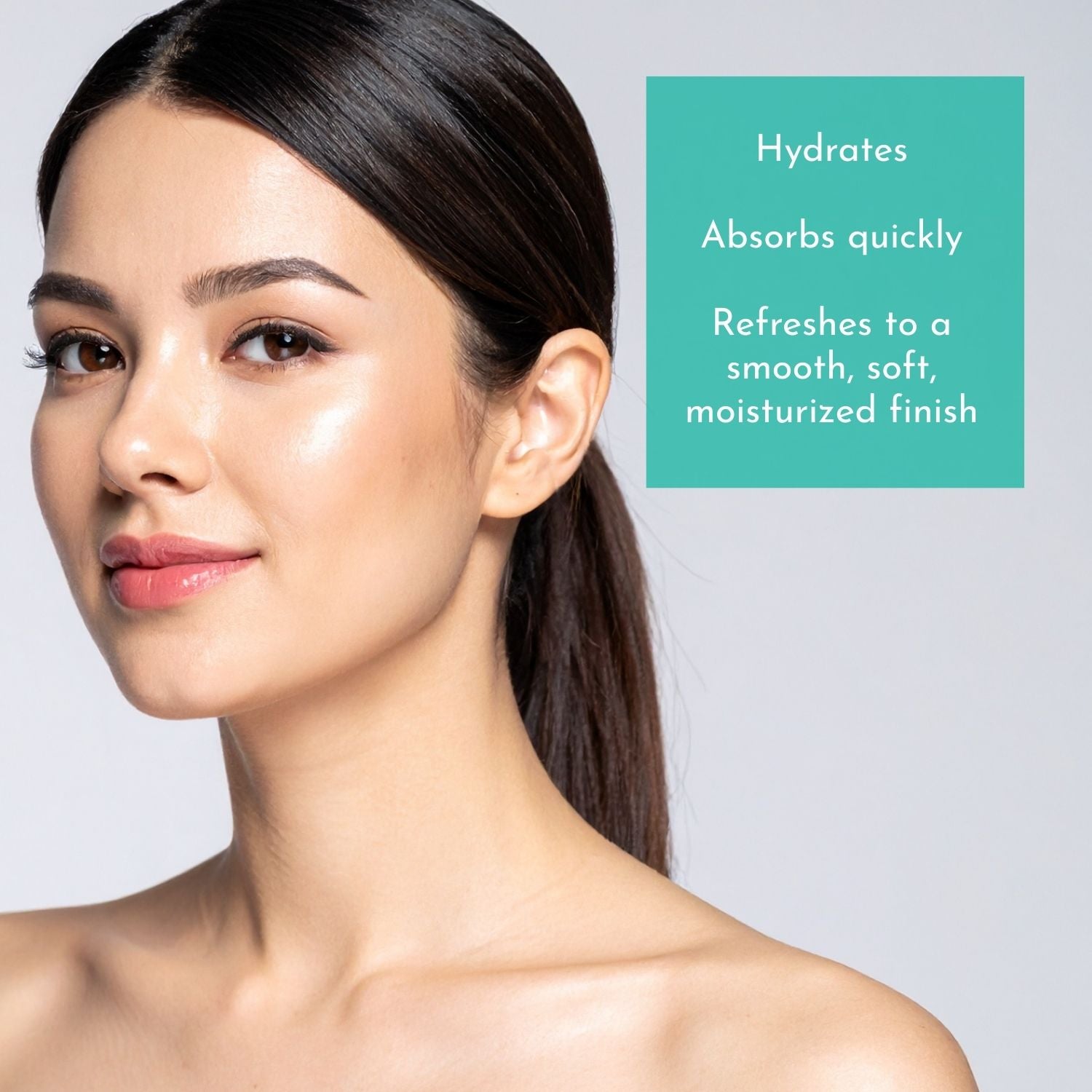 Woman with smooth skin on a light gray background with text about VERABELLA Aloe Azulene skincare benefits