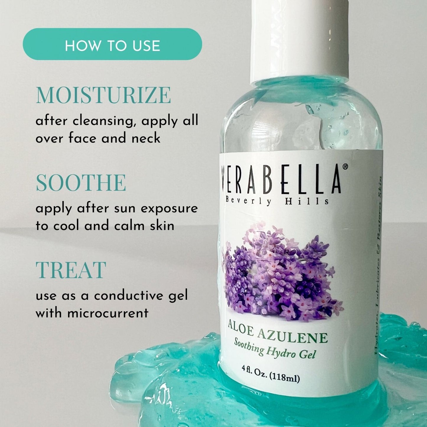 Verabella Beverly Hills Aloe Azulene Soothing Hydro Gel bottle with usage instructions 