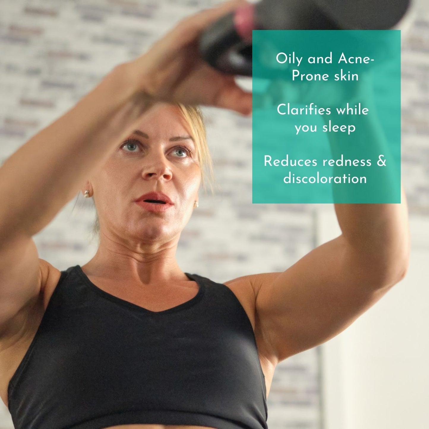 Woman exercising with a text overlay about VERABELLA Clarifying Night Serum for acne