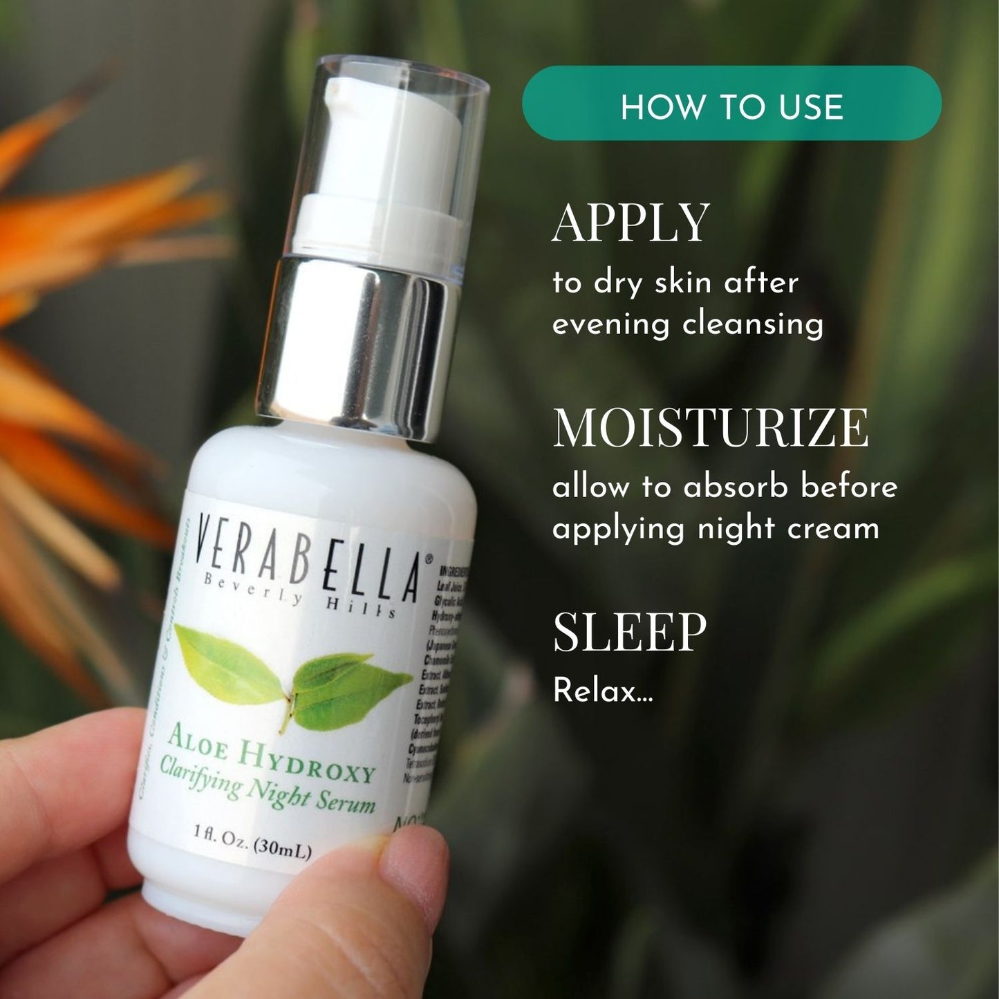 Verabella Aloe Hydroxy serum bottle held in hand with usage instructions text overlay