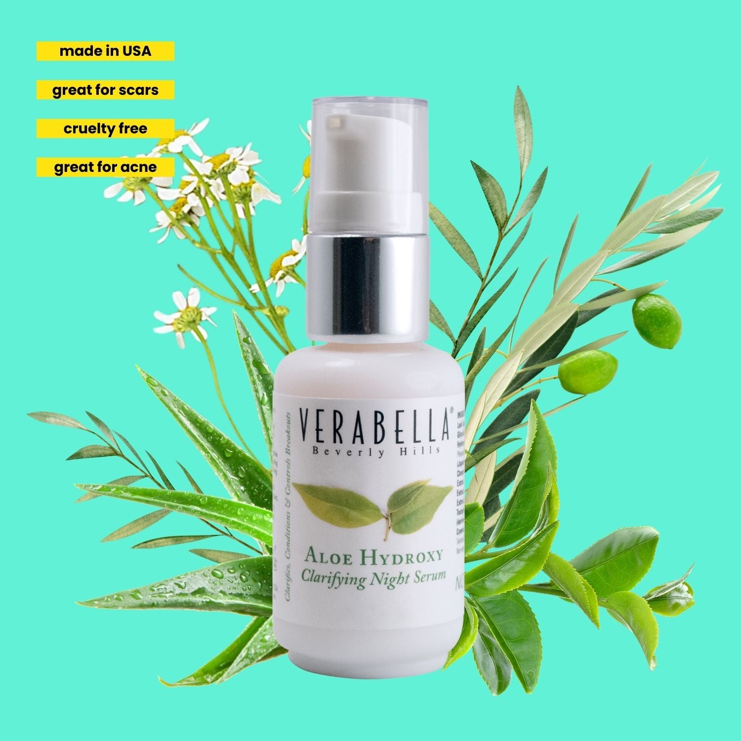 Verabella Aloe Hydroxy serum bottle with green leaves and flowers on a teal background