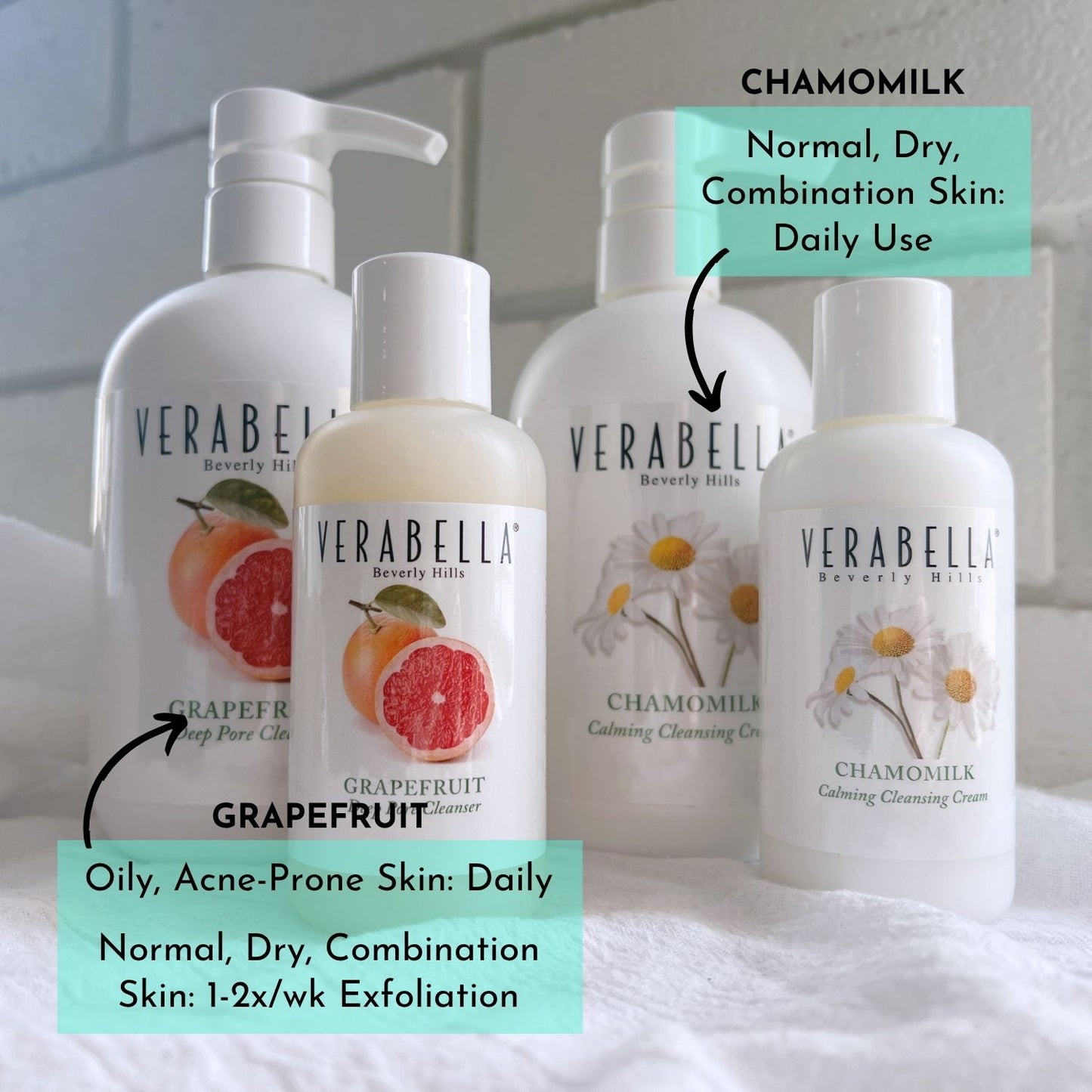 Verabella skincare products with labels for different skin types on a white surface.