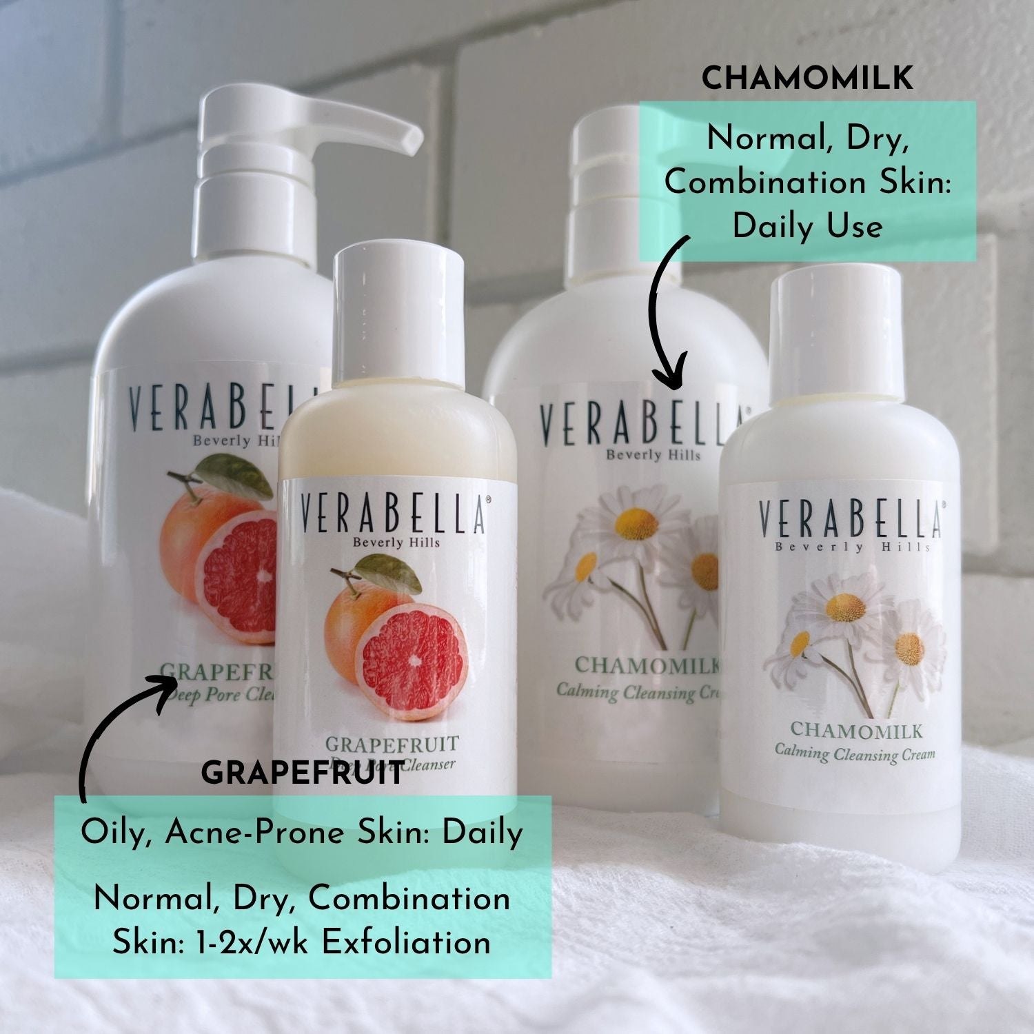 Verabella skincare products with labels for different skin types on a white surface.