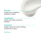 Text detailing the benefits of Willow, Chamomile, and Vitamin E with a close-up of a skincare product.