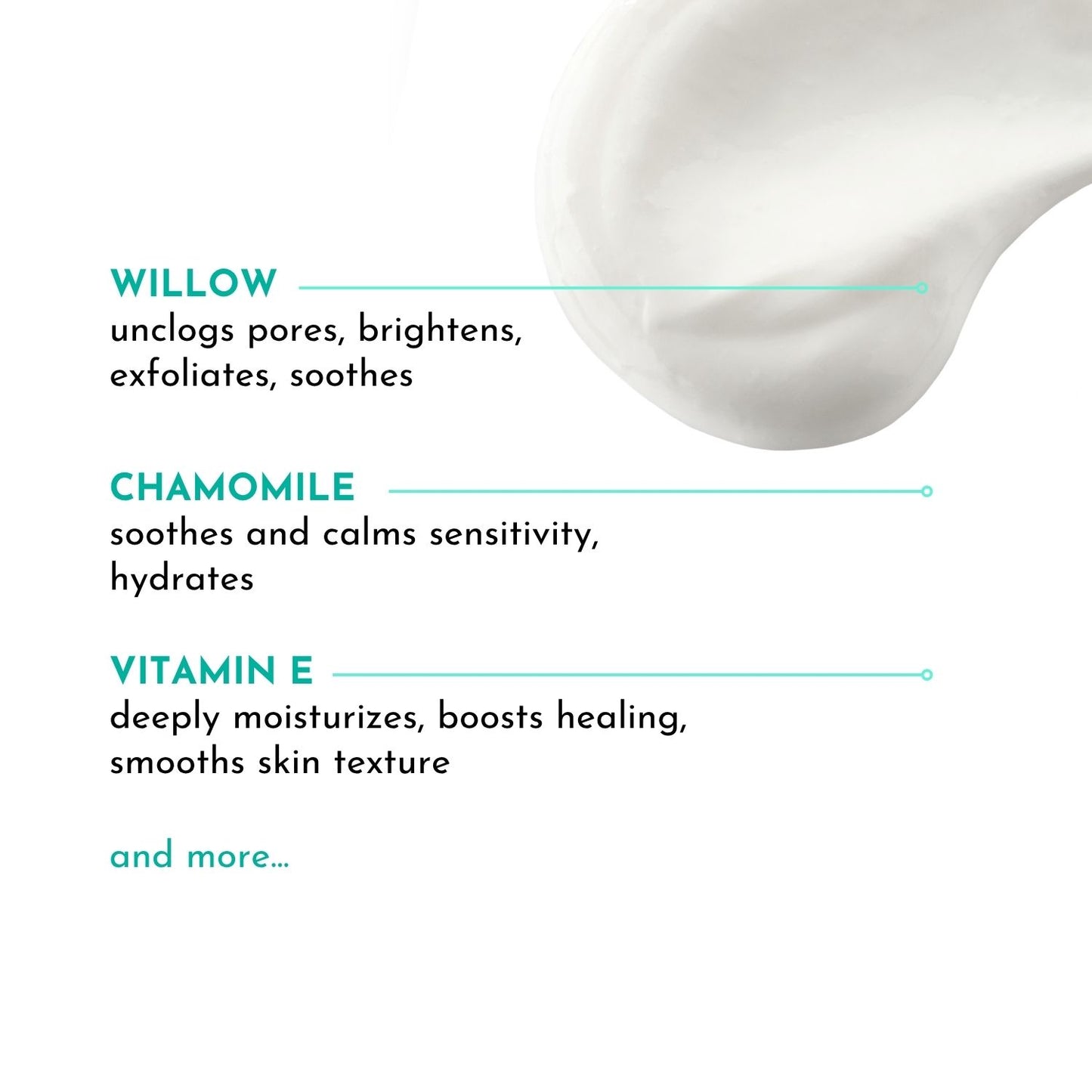 Text detailing the benefits of Willow, Chamomile, and Vitamin E with a close-up of a skincare product.