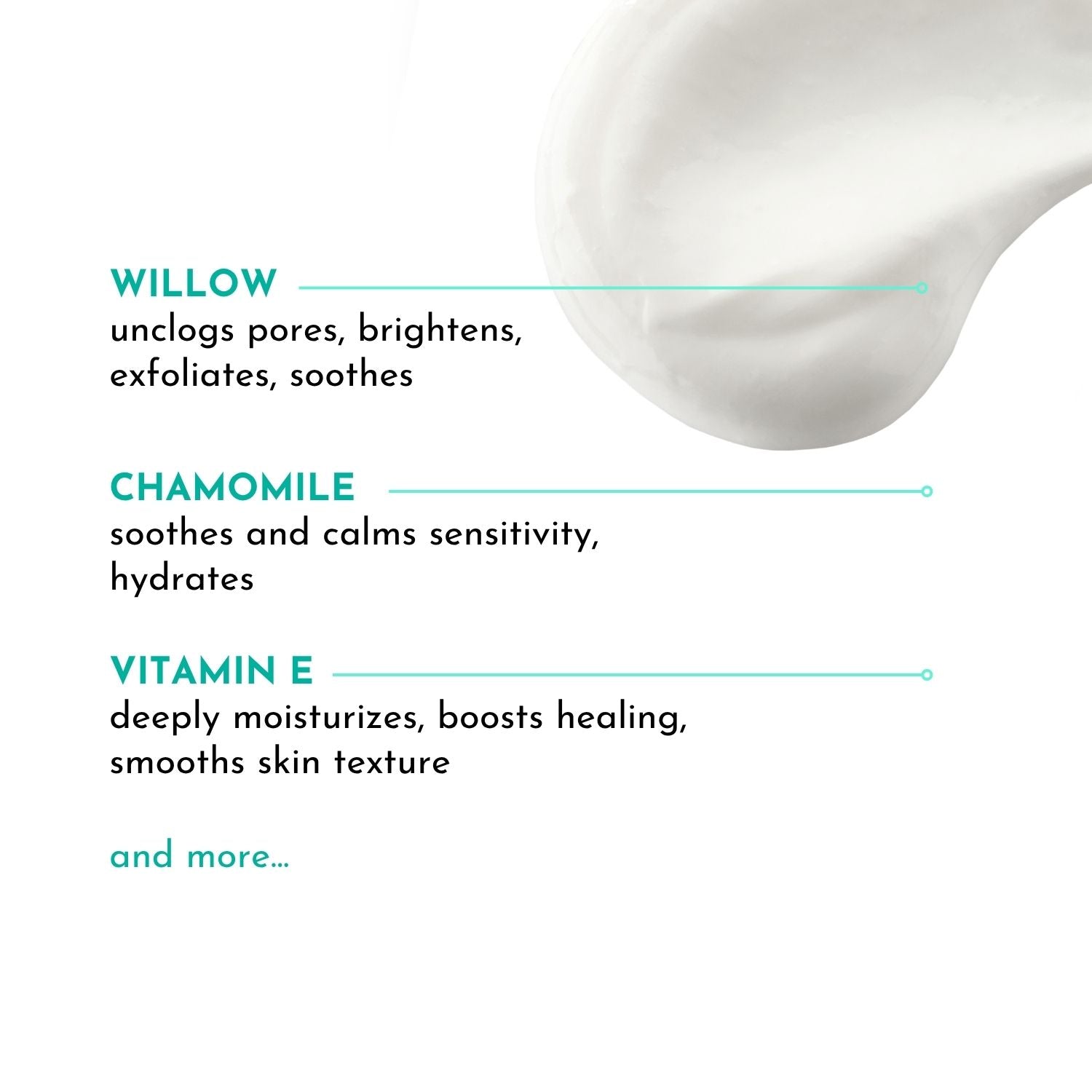 Text detailing the benefits of Willow, Chamomile, and Vitamin E with a close-up of a skincare product.