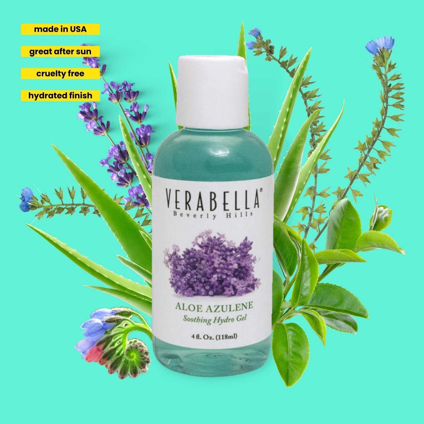 Bottle of Verabella Aloe Azulene Soothing Hydro Gel surrounded by aloe vera leaves and flowers on a teal background.
