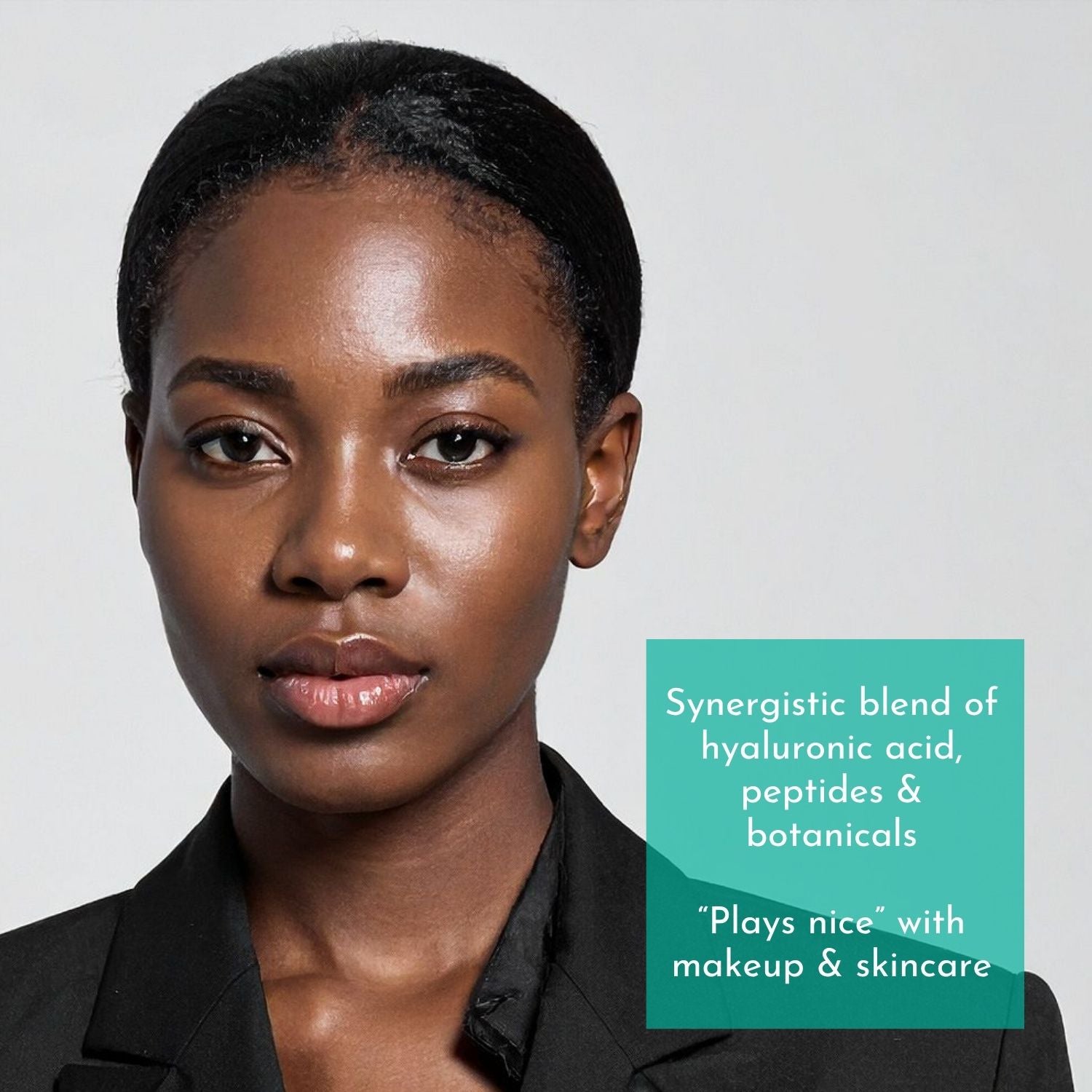 Woman with a product description about skincare ingredients on a light gray background