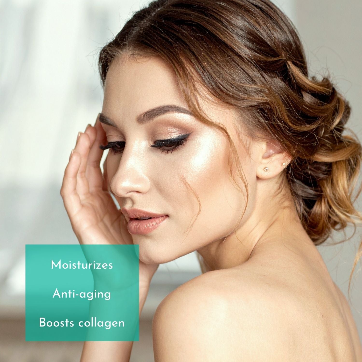Woman with a close-up of her face, highlighting skincare benefits.