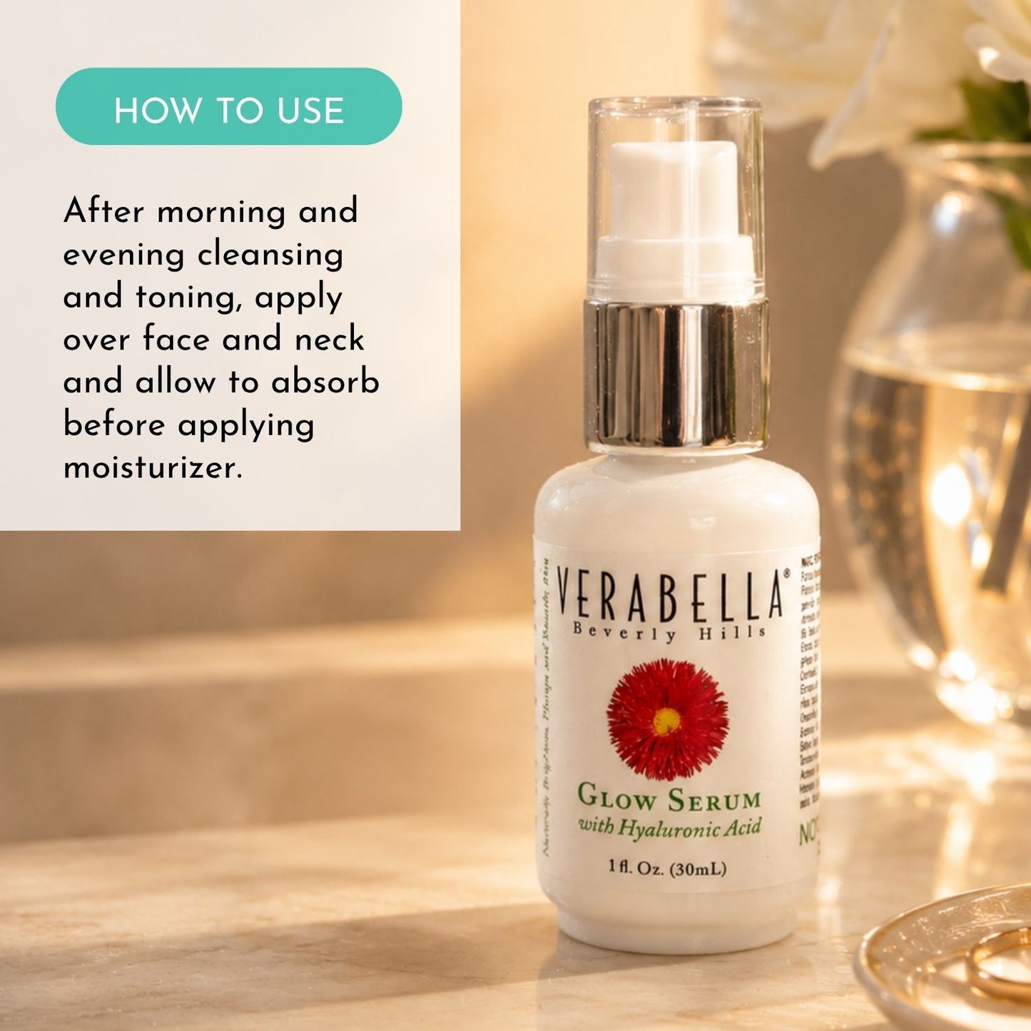 Verabella Glow Serum bottle on a wooden surface with text on how to use.