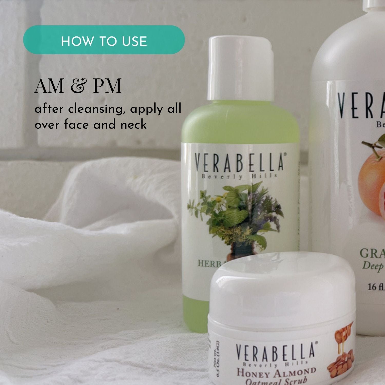 Verabella Herbal Beautea Skin Tonic with application instructions on a white background