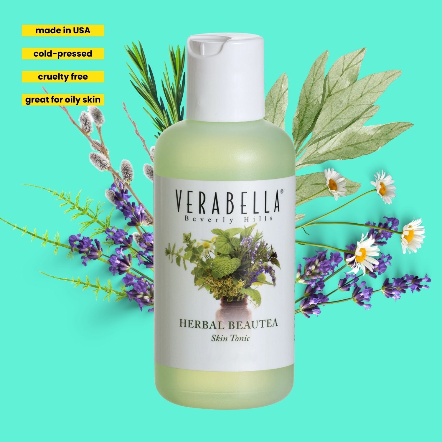 Verabella Herbal Beautea Skin Tonic bottle with plants and flowers on a teal background