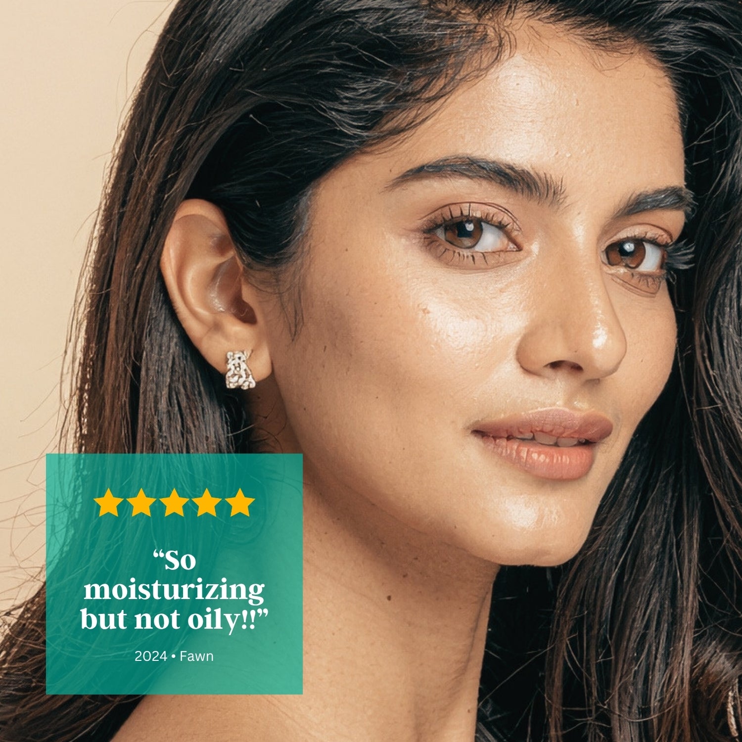 Woman with earrings and a five-star rating text overlay on a beige background