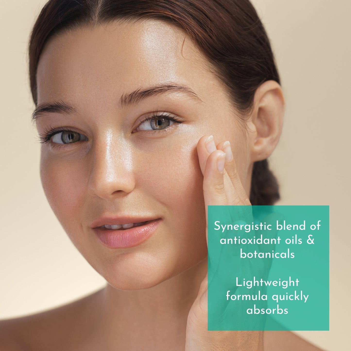 Woman applying skincare product with text about product benefits on a beige background