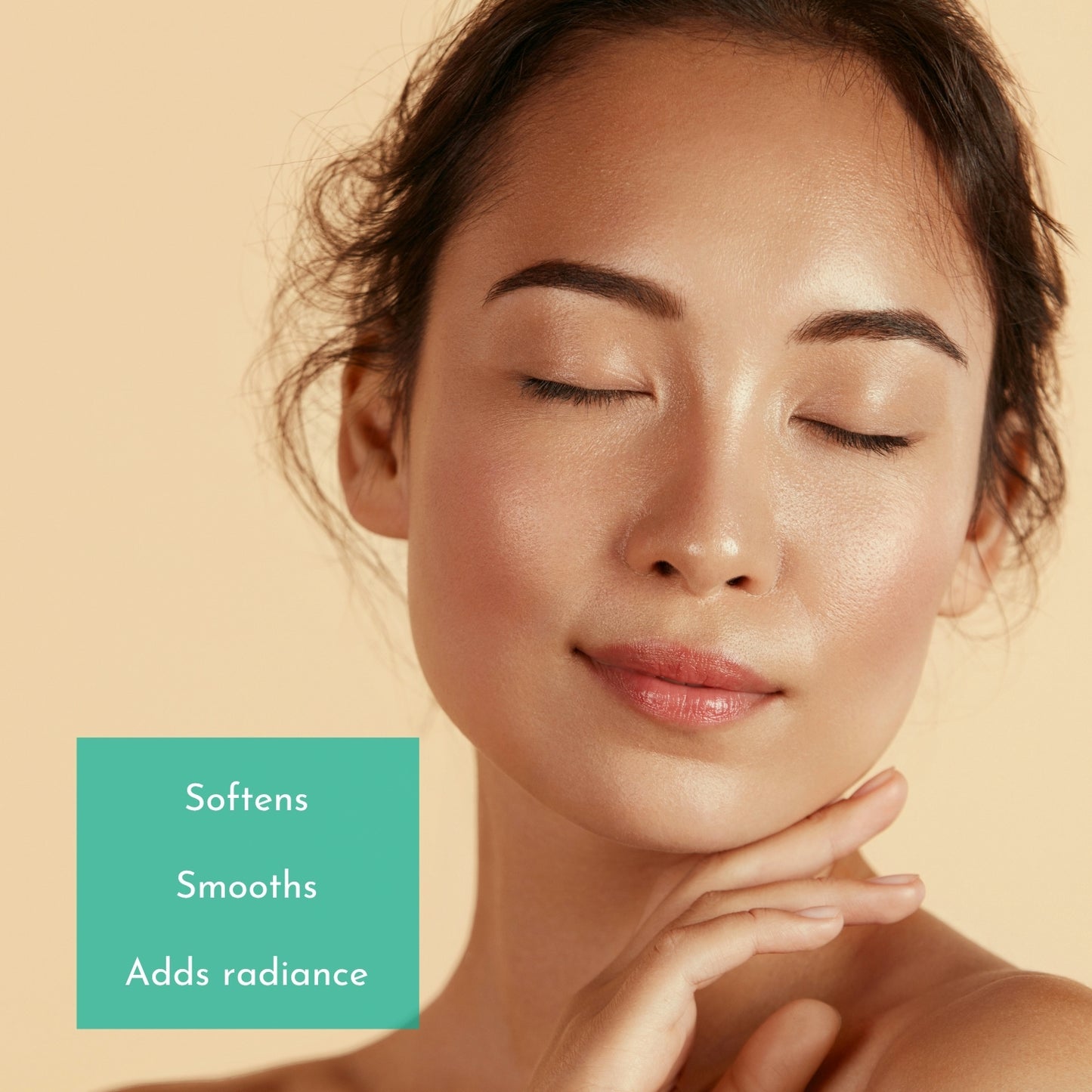 Woman with smooth skin on a beige background with text 'Softens, Smooths, Adds radiance'.