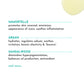 Text detailing the benefits of different ingredients on a white background with a yellow circle.