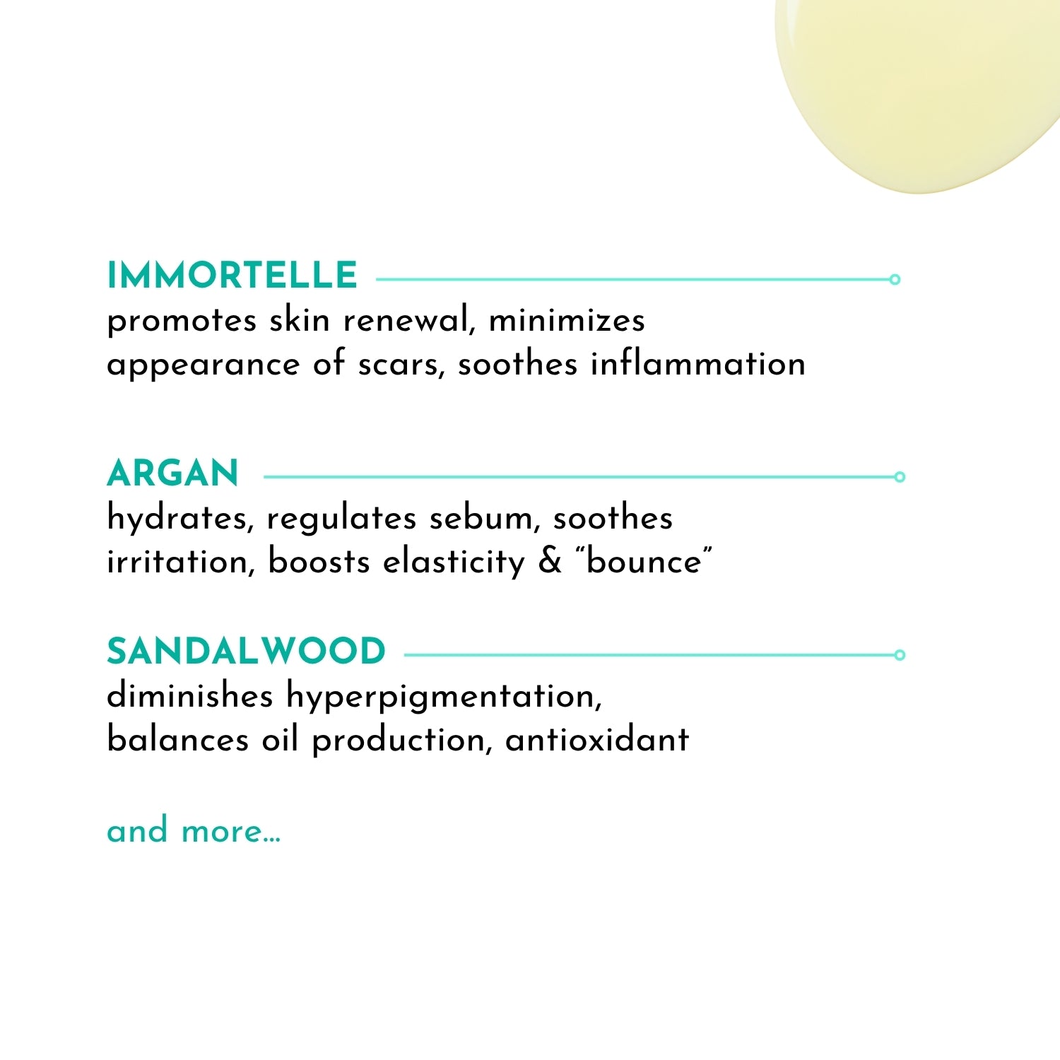 Text detailing the benefits of different ingredients on a white background with a yellow circle.