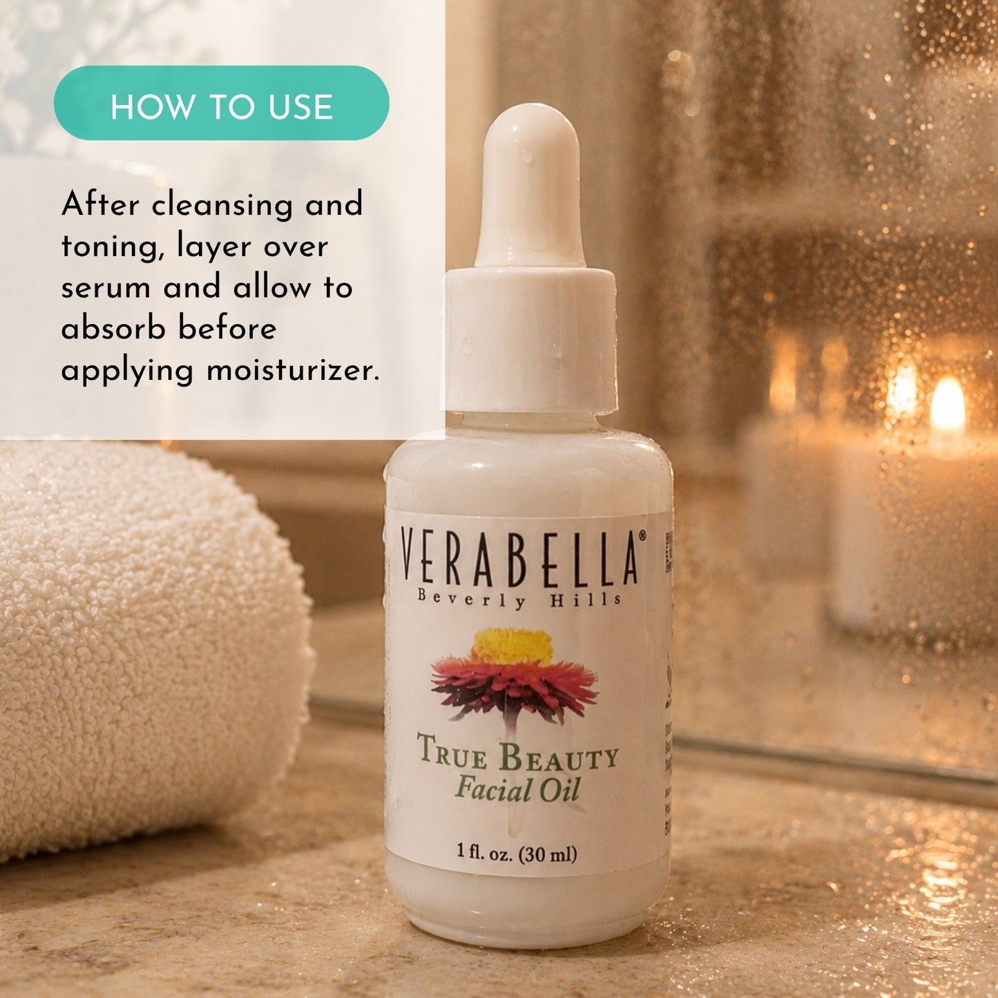 Verabella True Beauty Facial Oil bottle with usage instructions on a bathroom counter.