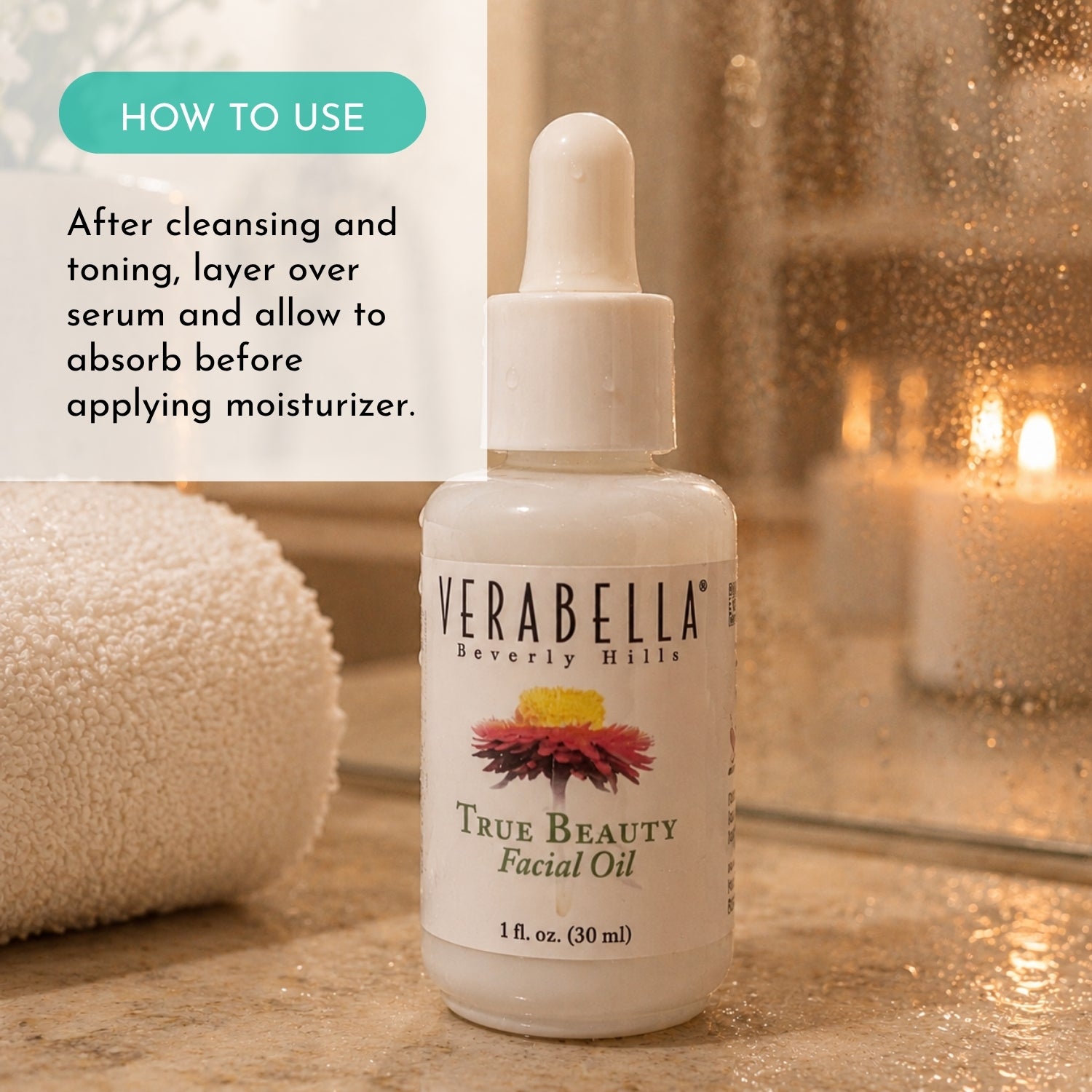 Verabella True Beauty Facial Oil bottle with usage instructions on a bathroom counter.