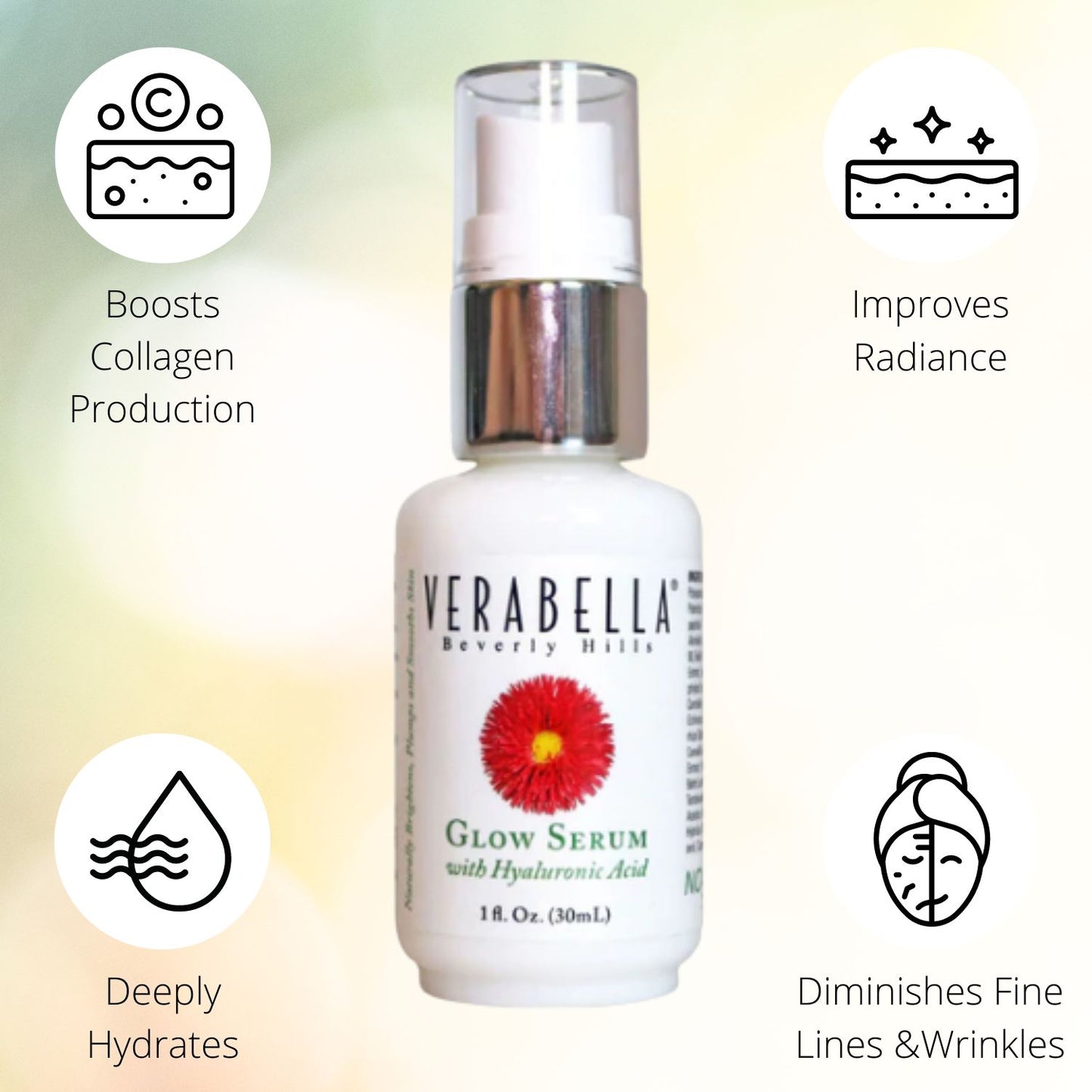 Verabella Glow Serum with Hyaluronic Acid boosts collagen and diminishes fine lines and wrinkles