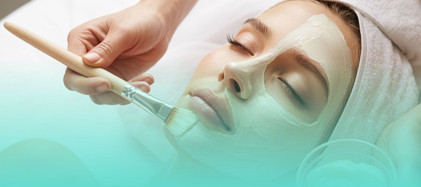 Person receiving a facial treatment with a brush applying cream to their face.