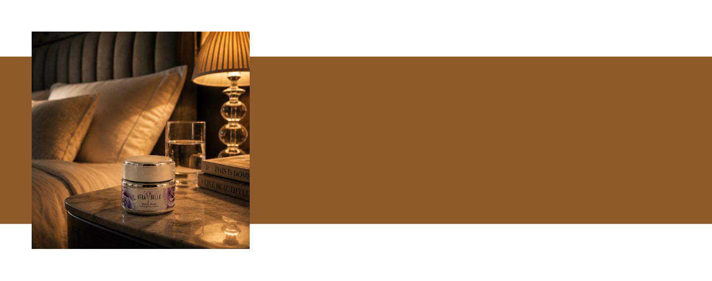 A jar of Verabella Bella Rosa moisturizer sits on a bedside table next to a lit lamp and books in a warmly lit bedroom setting, with a large brown block behind it and a white strip at the top.