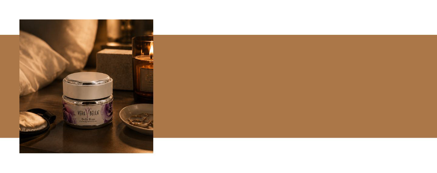 A jar of Bella Rosa Calming Skin Creme with a silver lid and purple label sits on a dark table next to a lit candle and small dishes in a dimly lit room. The left side of the image is overlaid with a solid brown block.