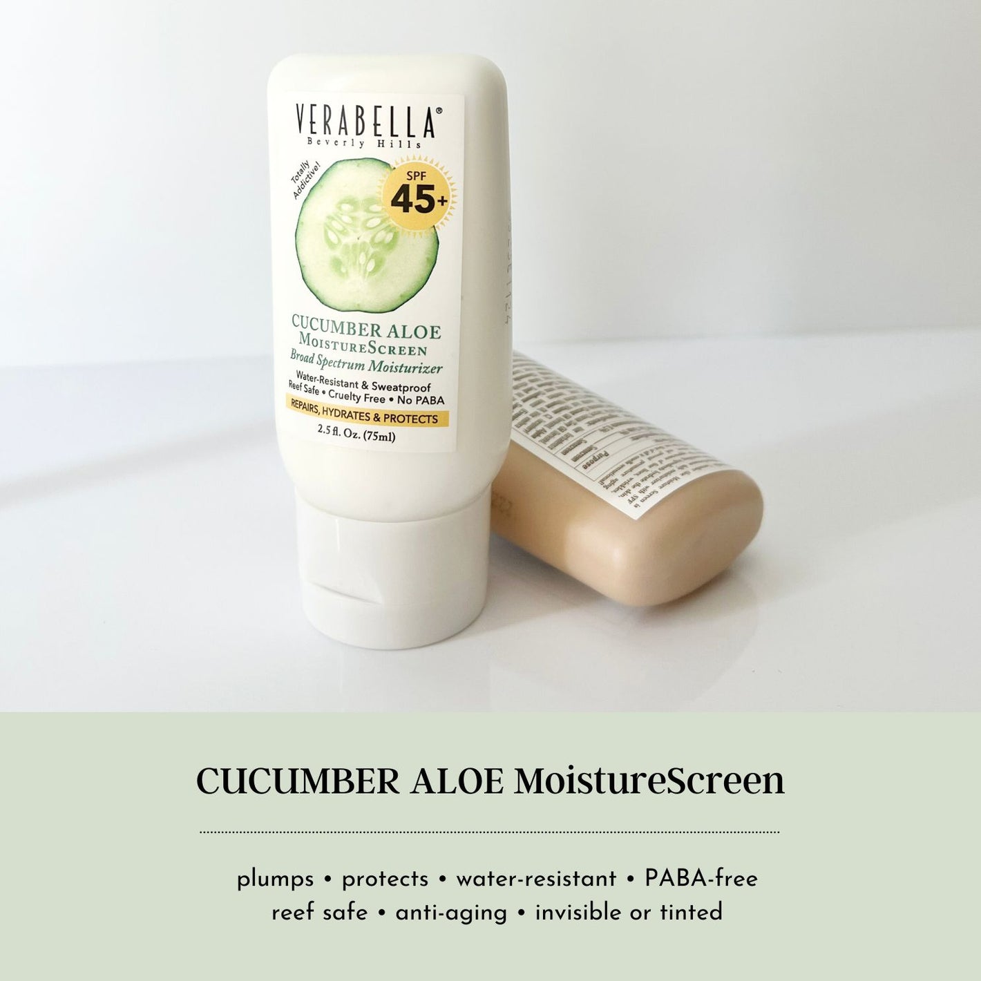 Cucumber Aloe MoistureScreen plumps and protects, water-resistant, PABA-free, further details provided below
